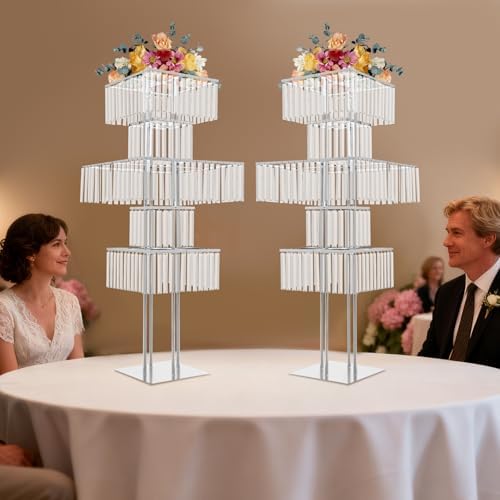 5 Tier Crystal Flower Stand, 2pcs Wedding Silver Vases Centerpieces with Hanging Crystals, Square Chandelier, alternate view