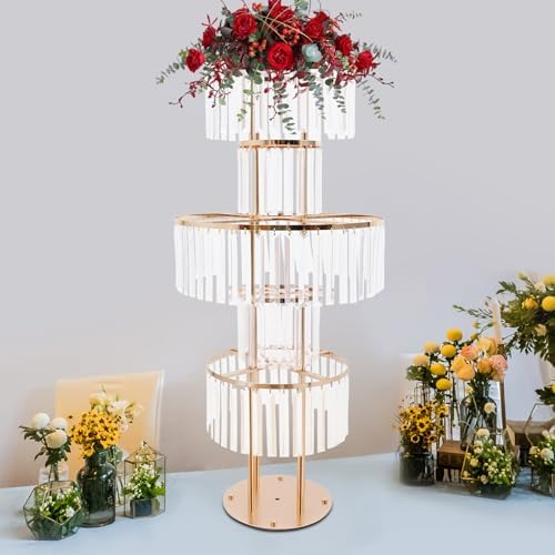 5-Tier Crystal Flower Stand for Wedding Centerpieces, 43.3" Tall Crystal Flower Vase w/ Hanging Acrylic Crystals, alternate