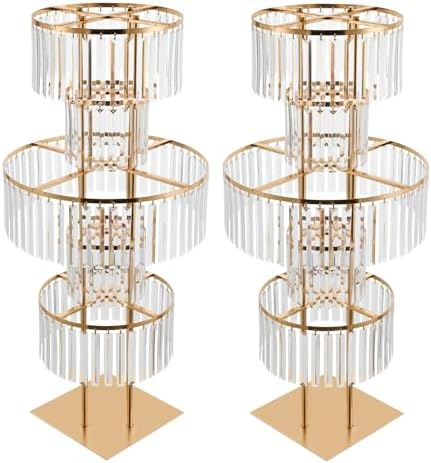 5 Tier Crystal Flower Stand, Wedding Gold Vases Centerpieces with Hanging Crystals, Round Chandelier Pedestal