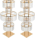 5 Tier Crystal Flower Stand, Wedding Gold Vases Centerpieces with Hanging Crystals, Round Chandelier Pedestal