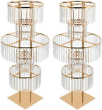 5 Tier Crystal Flower Stand, Wedding Gold Vases Centerpieces with Hanging Crystals, Round Chandelier Pedestal