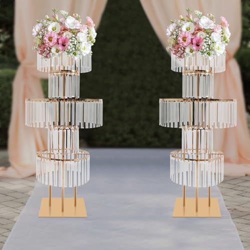 5 Tier Crystal Flower Stand, Wedding Gold Vases Centerpieces with Hanging Crystals, Round Chandelier Pedestal, alternate view