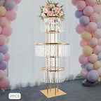 5 Tier Crystal Flower Stand, Wedding Gold Vases Centerpieces with Hanging Crystals, Round Chandelier Pedestal, alternate view