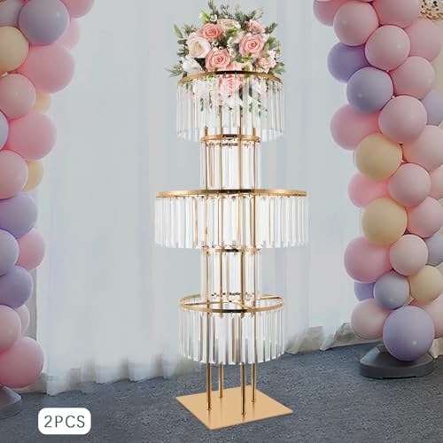 5 Tier Crystal Flower Stand, Wedding Gold Vases Centerpieces with Hanging Crystals, Round Chandelier Pedestal, alternate view