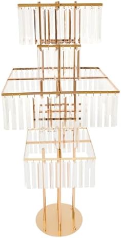 5 Tier Crystal Flower Stand, Wedding Gold Vases Centerpieces with Hanging Crystals, Square Chandelier Pedestal