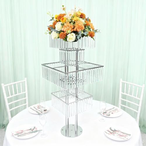 5 Tier Crystal Flower Stand, Wedding Silver Vases Centerpieces with Hanging Crystals, Square Chandelier Pedestal, alternate