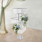 5 Tier Crystal Flower Stand, Wedding Silver Vases Centerpieces with Hanging Crystals, Square Chandelier Pedestal, alternate
