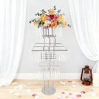 5 Tier Crystal Flower Stand, Wedding Silver Vases Centerpieces with Hanging Crystals, Square Chandelier Pedestal, alternate
