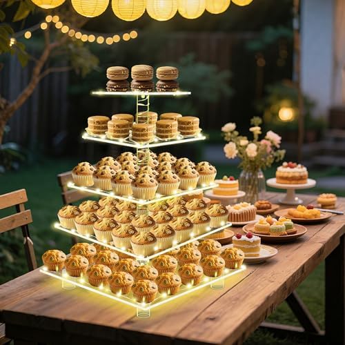 5 Tier Cupcake Stand, Clear Tiered Cupcake Tower with String Lights, Large Square Cupcake Holder Dessert Display, alternate