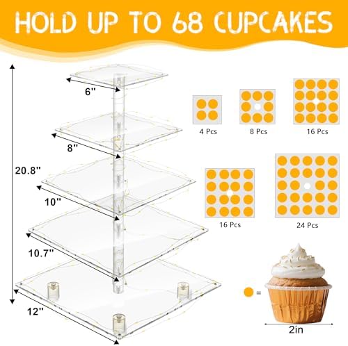 5 Tier Cupcake Stand, Clear Tiered Cupcake Tower with String Lights, Large Square Cupcake Holder Dessert Display, alternate