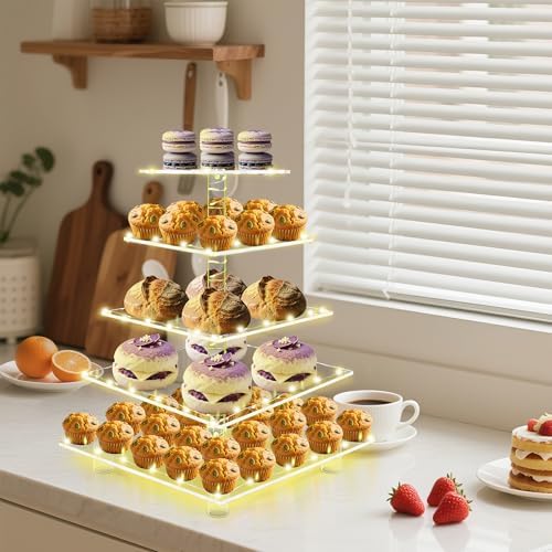 5 Tier Cupcake Stand, Clear Tiered Cupcake Tower with String Lights, Large Square Cupcake Holder Dessert Display, alternate