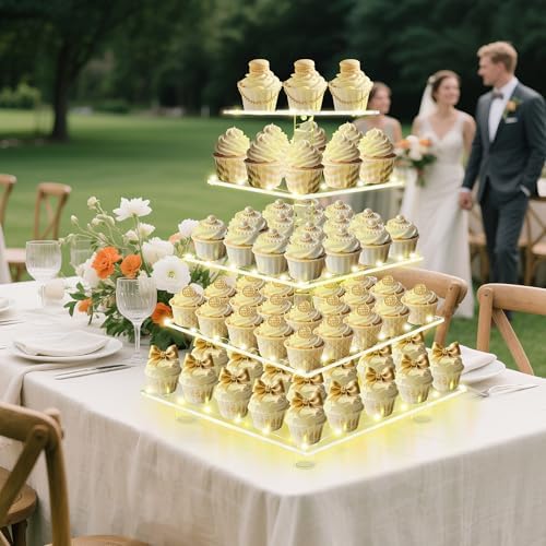 5 Tier Cupcake Stand, Clear Tiered Cupcake Tower with String Lights, Large Square Cupcake Holder Dessert Display, alternate