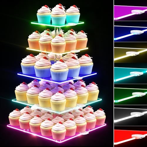 5 Tier Cupcake Stand with Rechargeable Light, LED Acrylic Cupcake Tower in clear
