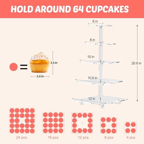 5 Tier Cupcake Stand with Rechargeable Light, LED Acrylic Cupcake Tower in clear, alternate view 3