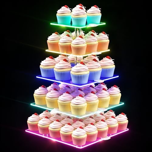 5 Tier Cupcake Stand with Rechargeable Light, LED Acrylic Cupcake Tower in clear, alternate view 4
