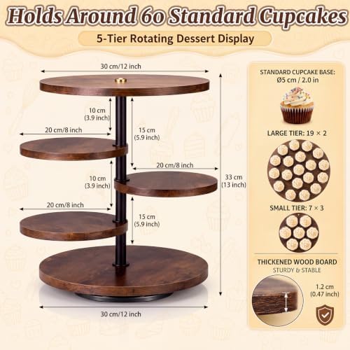 5 Tier Cupcake Tower Stand for 70 Cupcakes, Rotating Dessert Display in Natural Wood, alternate view 3