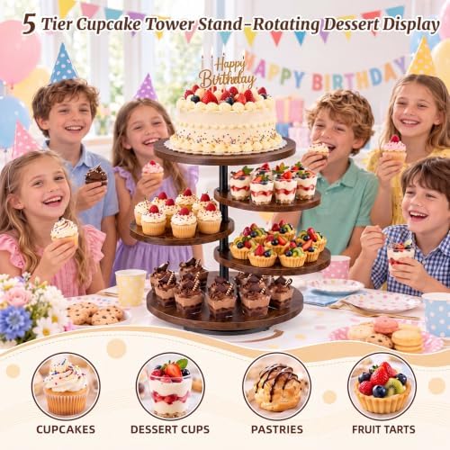 5 Tier Cupcake Tower Stand for 70 Cupcakes, Rotating Dessert Display in Natural Wood, alternate view 5