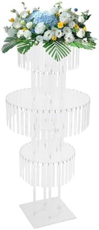 5-Tier Flower Stand, 43.3in Tall Clear Geometric Centerpiece Display with Crystal Pendants, Ice Curtain Crystal