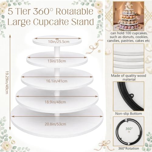5 Tier Large Round Cupcake Stand for 100 Cupcake Rustic Cupcakes Tower 360° Rotatable White Cupcakes Holder, alternate view 3