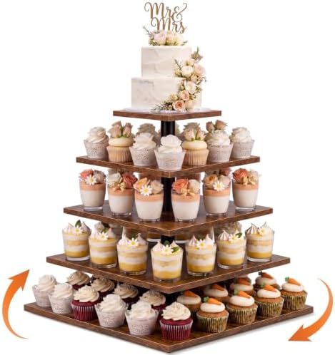 5 Tier Large Square Cupcake Stand for 100 Cupcake Rustic Cupcakes Tower 360° Rotatable Wooden Cupcakes Holder