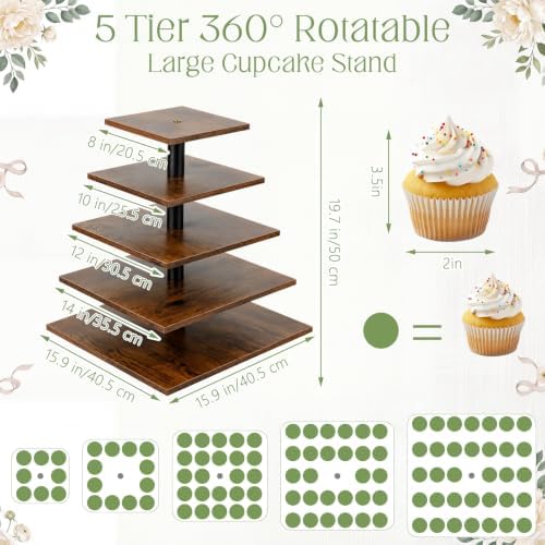 5 Tier Large Square Cupcake Stand for 100 Cupcake Rustic Cupcakes Tower 360° Rotatable Wooden Cupcakes Holder, alternate view