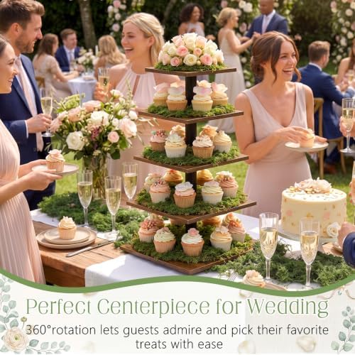 5 Tier Large Square Cupcake Stand for 100 Cupcake Rustic Cupcakes Tower 360° Rotatable Wooden Cupcakes Holder, alternate view