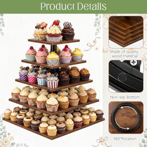 5 Tier Large Square Cupcake Stand for 100 Cupcake Rustic Cupcakes Tower 360° Rotatable Wooden Cupcakes Holder, alternate view