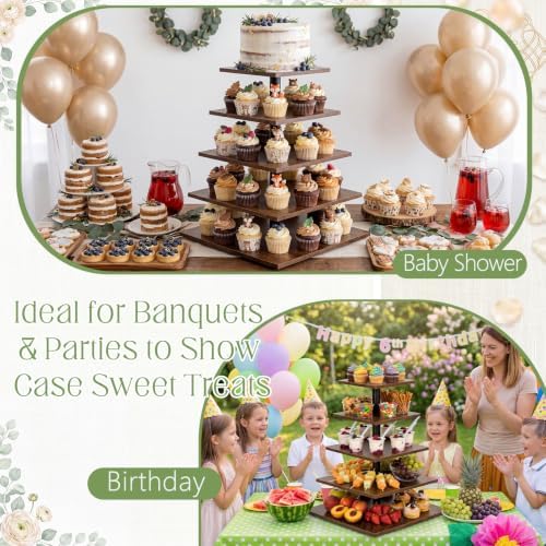 5 Tier Large Square Cupcake Stand for 100 Cupcake Rustic Cupcakes Tower 360° Rotatable Wooden Cupcakes Holder, alternate view