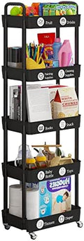5 Tier Rolling Cart with Wheels, Utility Storage Carts, Black in Black