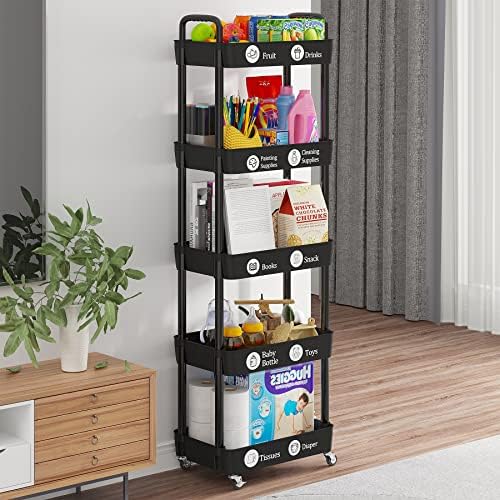5 Tier Rolling Cart with Wheels, Utility Storage Carts, Black in Black, alternate view 2