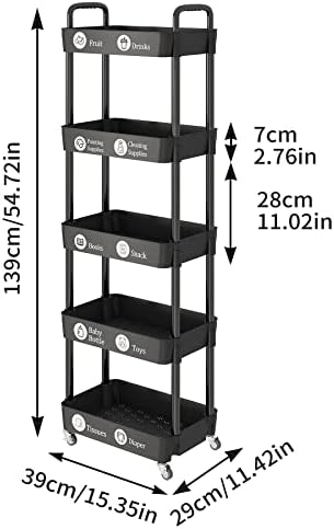 5 Tier Rolling Cart with Wheels, Utility Storage Carts, Black in Black, alternate view 3