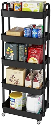 5 Tier Rolling Cart with Wheels, Utility Storage Carts, Black in Black, alternate view 5