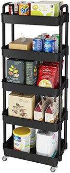 5 Tier Rolling Cart with Wheels, Utility Storage Carts, Black in Black, alternate view 5