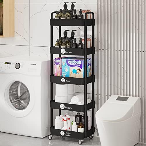 5 Tier Rolling Cart with Wheels, Utility Storage Carts, Black in Black, alternate view 6