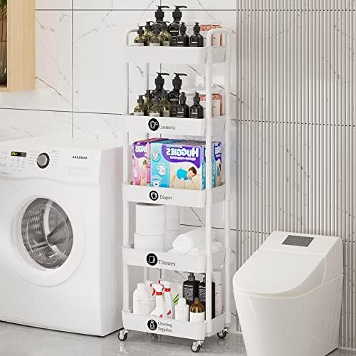 5 Tier Rolling Cart with Wheels, Utility Storage Carts, White in White, alternate view 2