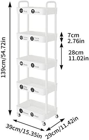 5 Tier Rolling Cart with Wheels, Utility Storage Carts, White in White, alternate view 3