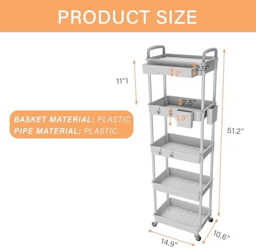 5 Tier Rolling Utility Cart with Drawer, Utility Cart Made of Multifunctional Storage Organizer Tool for, alternate view 2