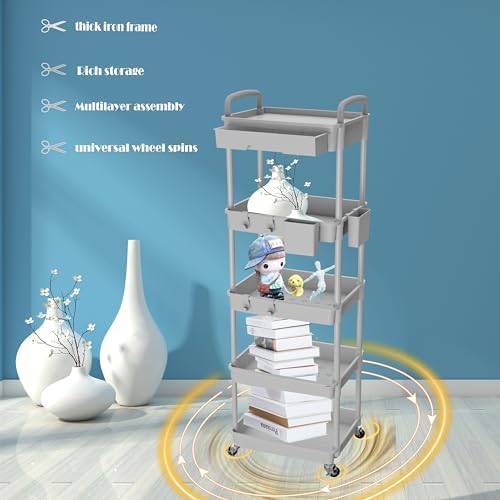 5 Tier Rolling Utility Cart with Drawer, Utility Cart Made of Multifunctional Storage Organizer Tool for, alternate view 4