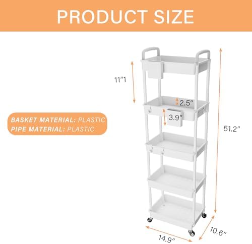 5 Tier Rolling Utility Cart with Handle, Utility Cart Made of Multifunctional Storage Organizer Tool for, alternate view 3