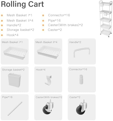 5 Tier Rolling Utility Cart with Handle, Utility Cart Made of Multifunctional Storage Organizer Tool for, alternate view 5