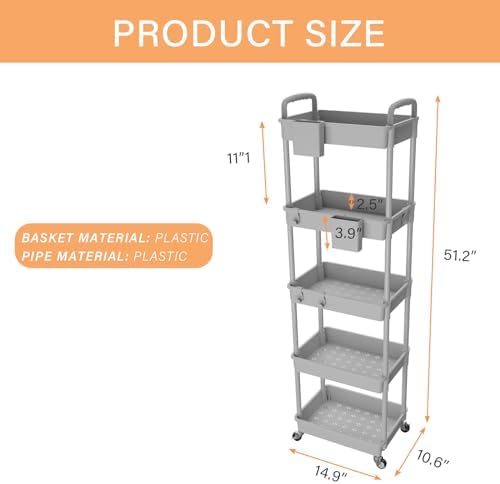 5 Tier Rolling Utility Cart with Handle, Utility Cart Made of Multifunctional Storage Organizer Tool for, alternate view 2