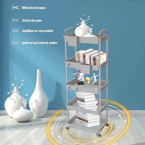 5 Tier Rolling Utility Cart with Handle, Utility Cart Made of Multifunctional Storage Organizer Tool for, alternate view 4