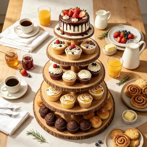 5-Tier Rustic Wooden Cupcake Stand - Large Capacity Display Stand for Woodland Baby Showers, Weddings, alternate view 2
