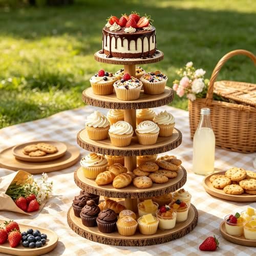 5-Tier Rustic Wooden Cupcake Stand - Large Capacity Display Stand for Woodland Baby Showers, Weddings, alternate view 5