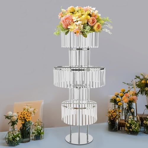 5-Tier Silver Crystal Flower Stand 43.3" Tall Wedding Decor in Silver, 1pc, Round Base