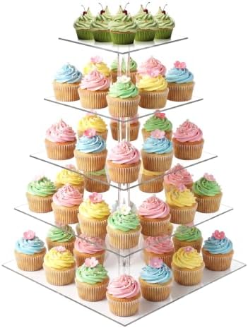5 Tier Square Cupcake Stand, Clear Acrylic Cupcake Tree Tower, Pastry Display Rack for Party, Wedding, Baby
