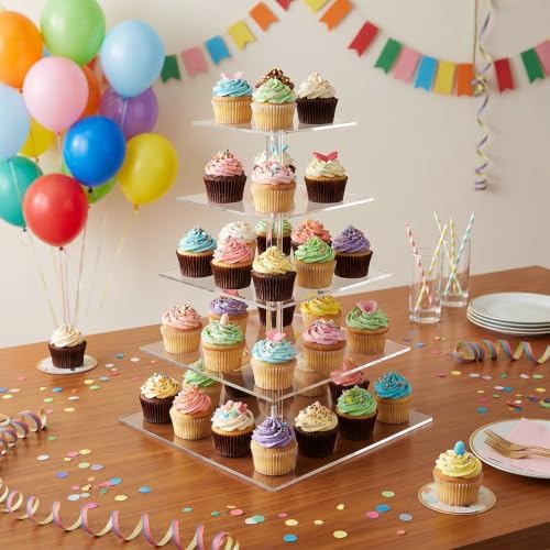 5 Tier Square Cupcake Stand, Clear Acrylic Cupcake Tree Tower, Pastry Display Rack for Party, Wedding, Baby, alternate view 2
