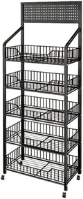 5 Tier Supermaket Snack Rack Display Stand, Free-Standing Black Retail Display Shelves with 12 Hooks & 4 Wheels