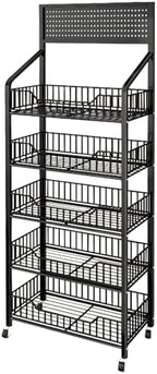 5 Tier Supermaket Snack Rack Display Stand, Free-Standing Black Retail Display Shelves with 12 Hooks & 4 Wheels