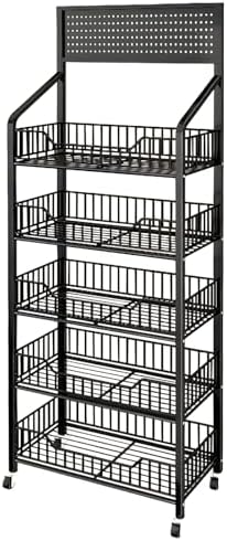 5 Tier Supermaket Snack Rack Display Stand, Free-Standing Black Retail Display Shelves with 12 Hooks & 4 Wheels